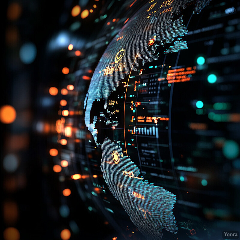 A futuristic representation of an Automated Risk Assessment system, with a focus on global risk management.