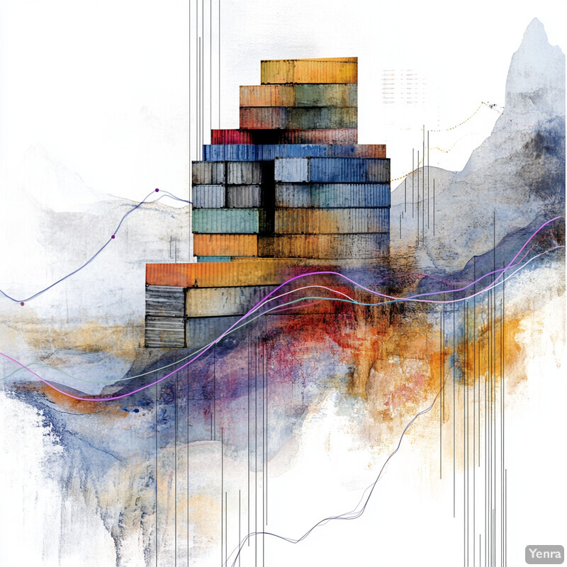 A creative interpretation of commodity price correlation analysis featuring a stack of shipping containers in the center.