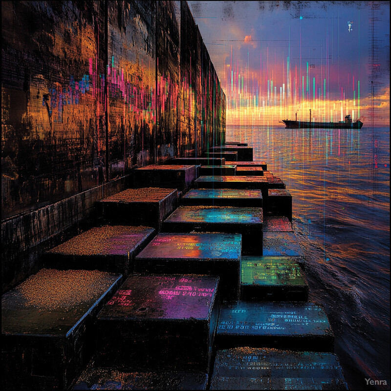 An image of a graffiti-covered wall and steps leading down to the water's edge, with a ship visible in the distance.