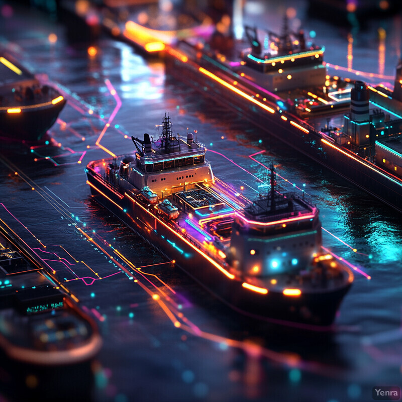 A futuristic port facility with numerous ships docked along the pier, surrounded by neon lights and holographic screens.