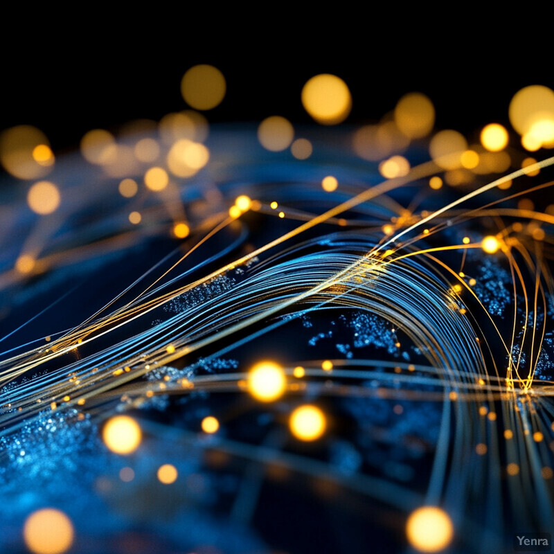 An abstract representation of a data integration network with interconnected lines and dots in blue and yellow hues.