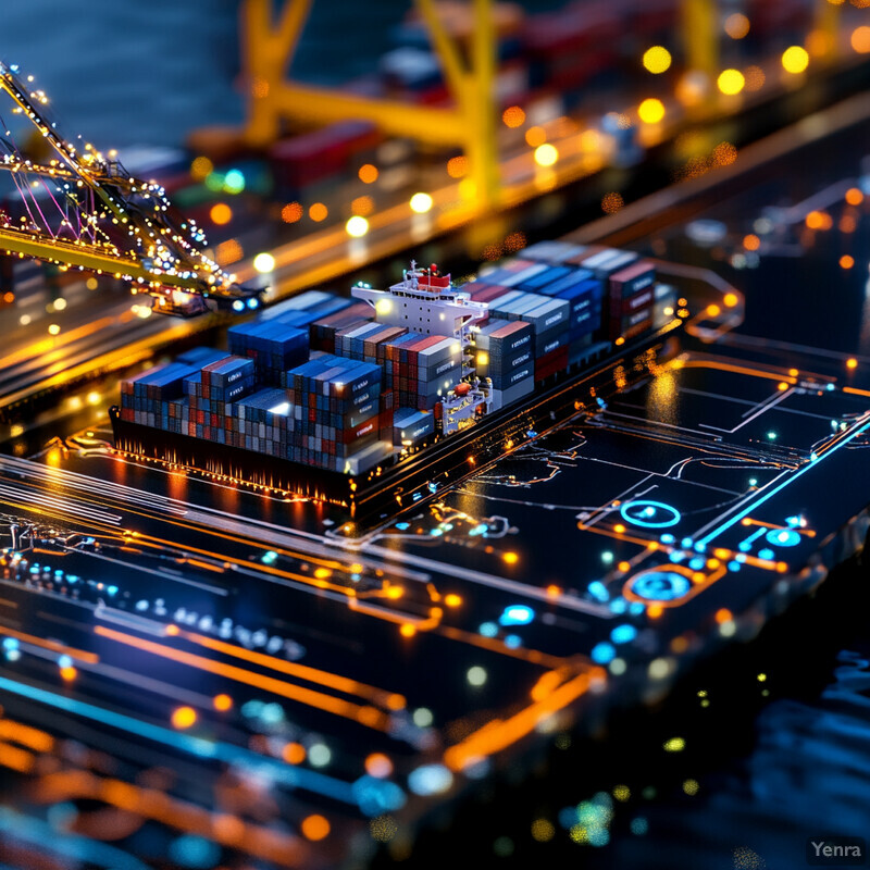 A bustling harbor scene at night, with several large cargo ships and numerous smaller boats docked in the water.