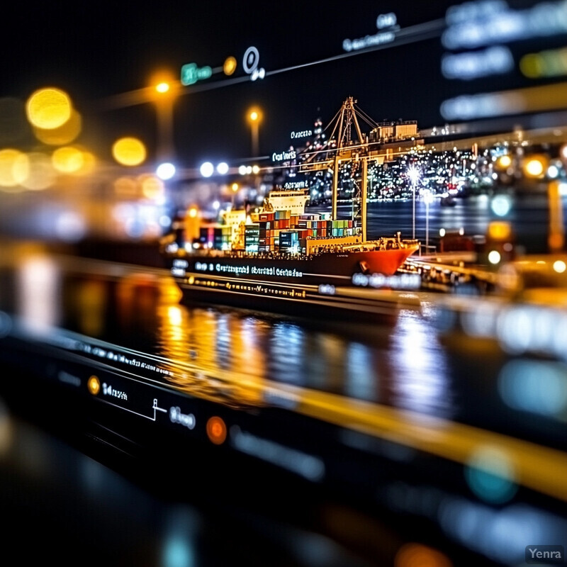 An application screenshot from an AI-powered logistics or shipping management tool, featuring a blurred cityscape with a docked ship and various text elements.