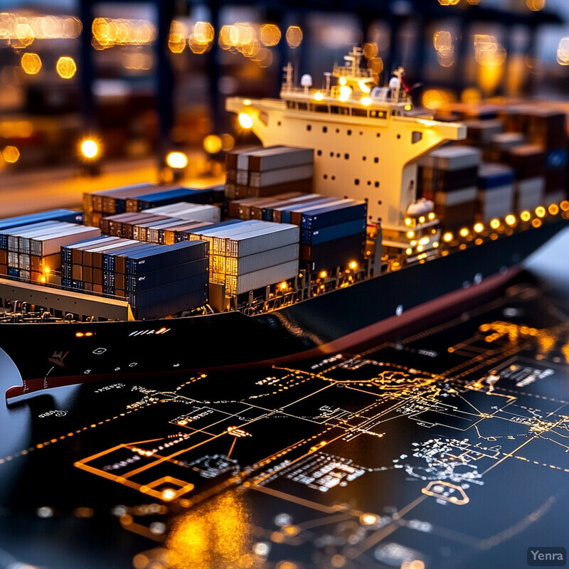 A cargo ship carrying shipping containers with a blueprint or technical drawing of the vessel's deck in the foreground.