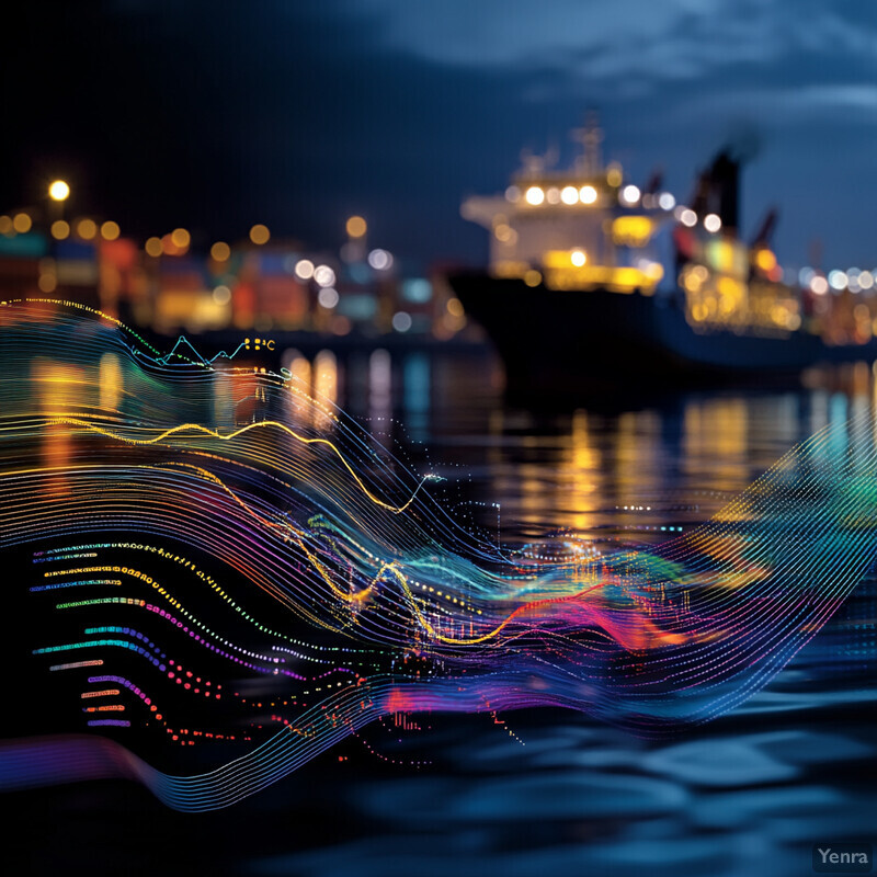 A dynamic and colorful graph representing data visualization in motion, with a blurred ship or boat docked at a port in the background.