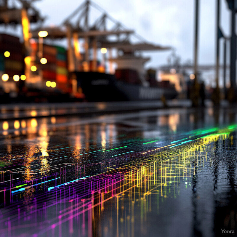 A large ship, the Maersk Shanghai, is docked in a busy harbor with cargo containers stacked high on its deck.