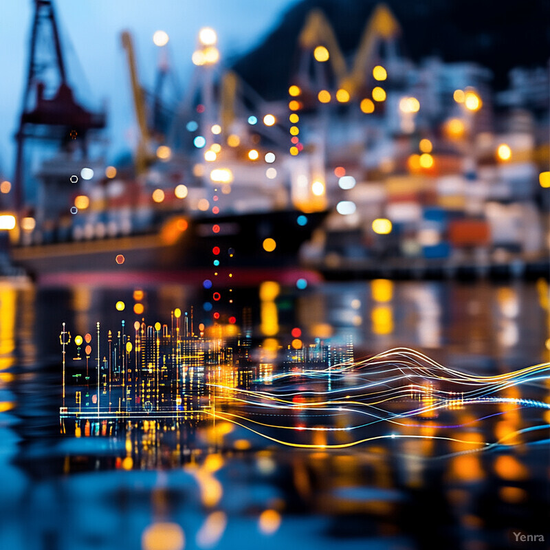 A serene cityscape at night, with boats docked in the foreground and a vibrant skyline in the background.