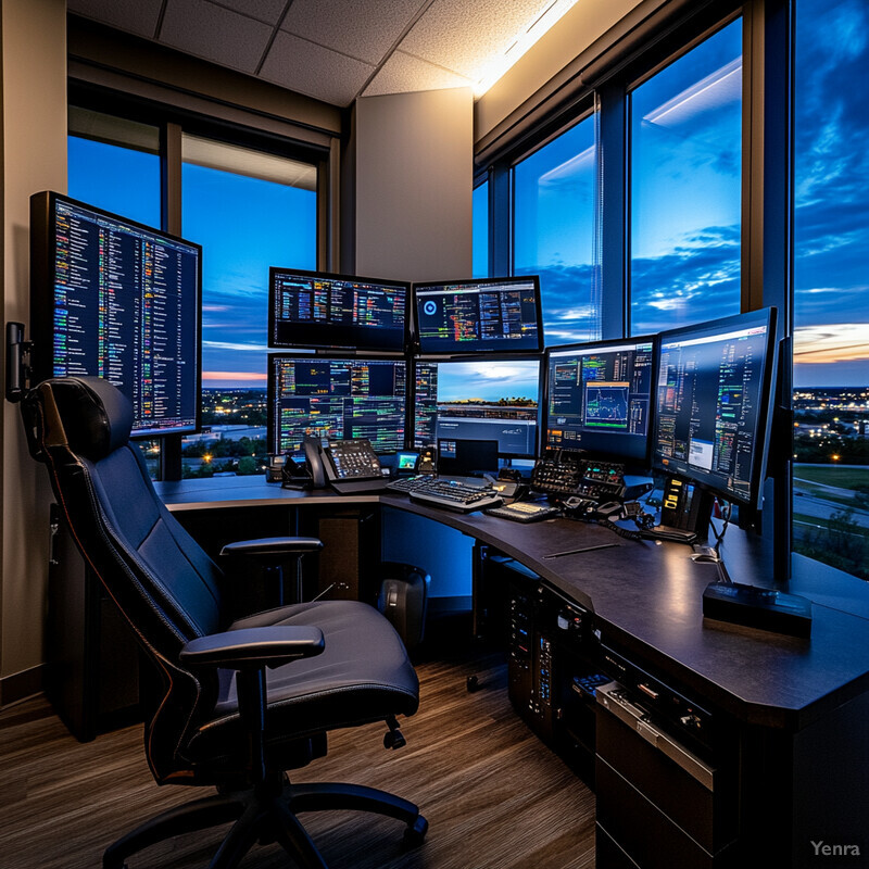 A room with multiple computer monitors, a keyboard, and a mouse, possibly an office or workspace.