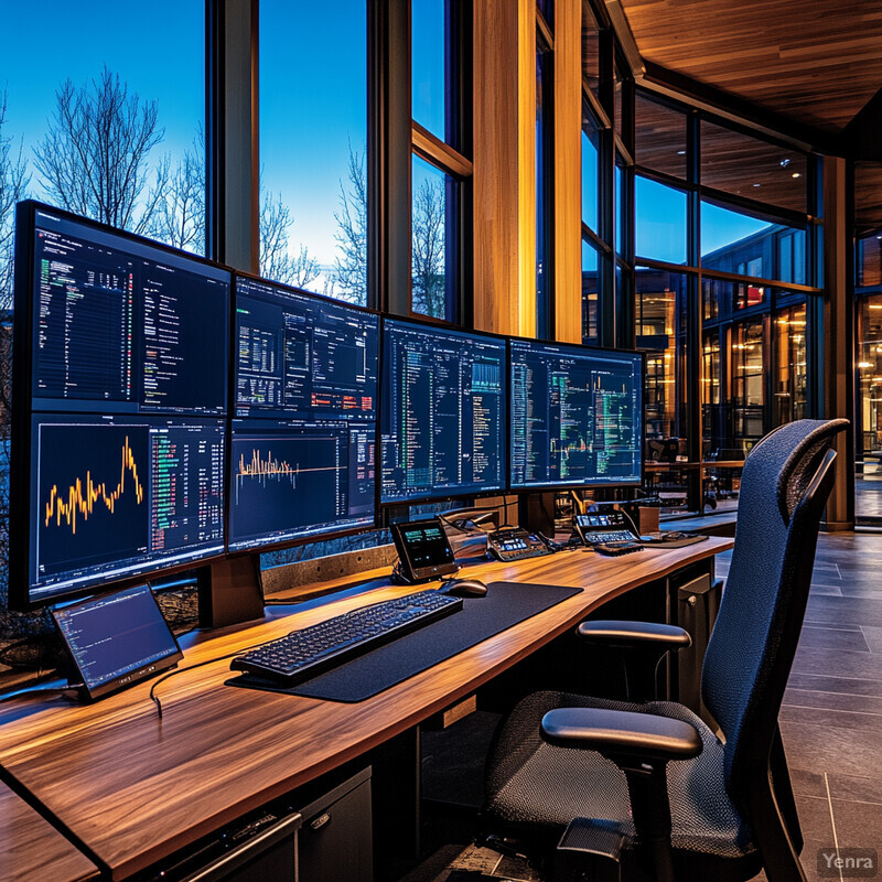 A computer workstation with multiple monitors and a wooden desk in an office setting.