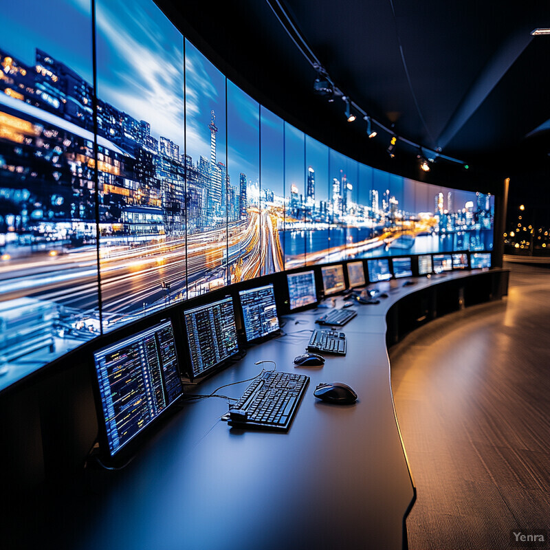 Advanced control room with multiple computer monitors and devices monitoring traffic flow or other transportation systems in real-time.