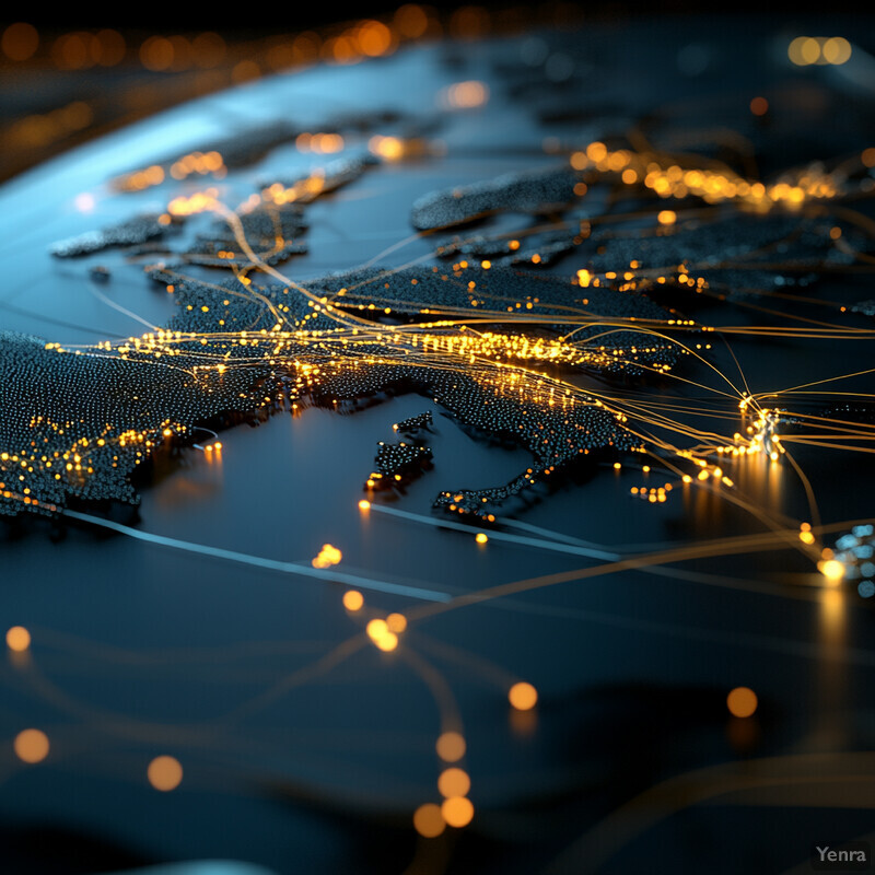 A 3D rendering of a network effect with yellow nodes and connections on a blue background.