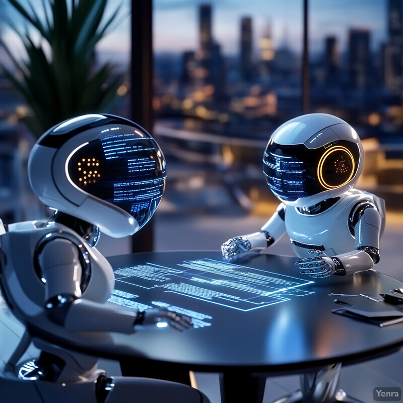 Two robots engage in contract negotiations at a futuristic table.