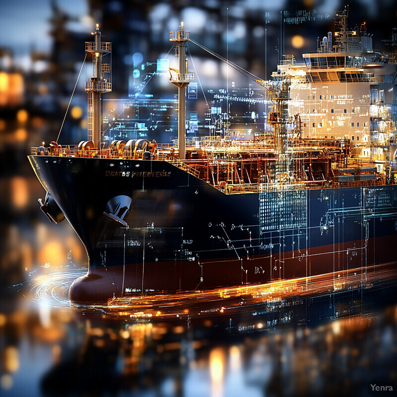 An oil tanker ship at sea, with a calm body of water and an overlay of geometric shapes.