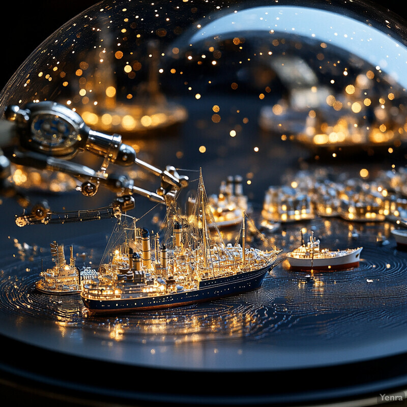 A detailed model of a cityscape within a glass dome, featuring miniature buildings and a sailing ship.