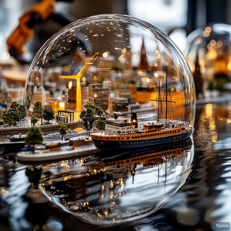 Miniature cityscape within a glass dome