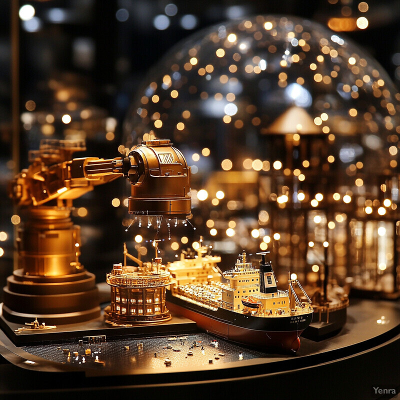 A miniature model of an industrial facility with a glass dome containing lights in the background.