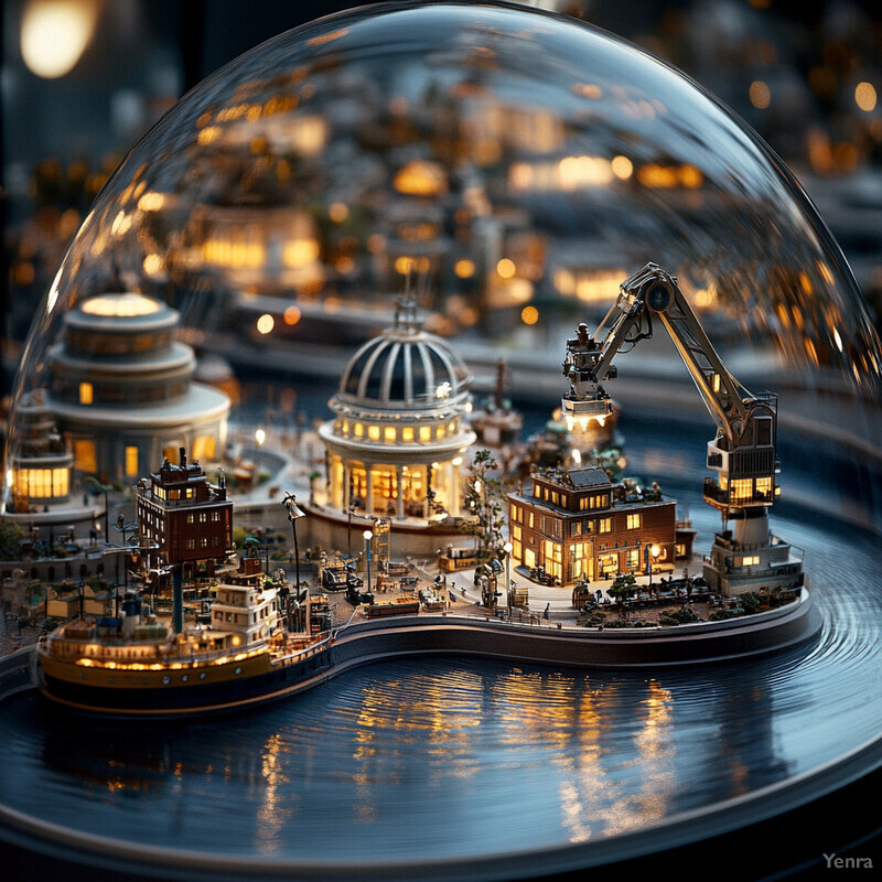 A miniature city is suspended in a glass dome, creating an enchanting and curious scene.