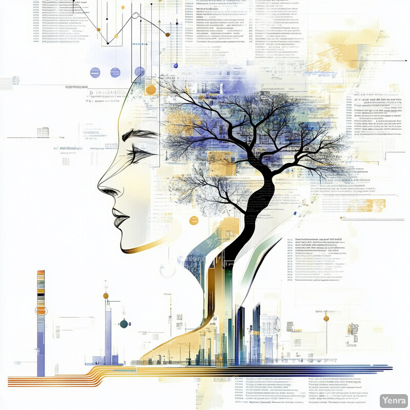 A woman's face with a tree growing out of her head, set against a background of various charts and graphs.