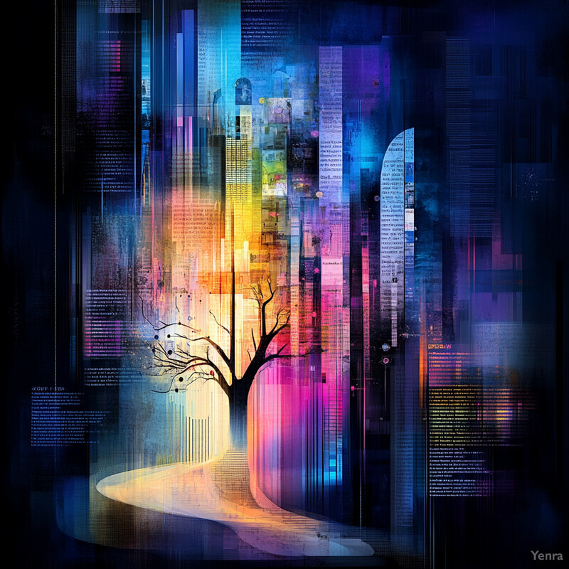 A vibrant and abstract representation of a tree with bare branches, set against a backdrop of swirling colors.