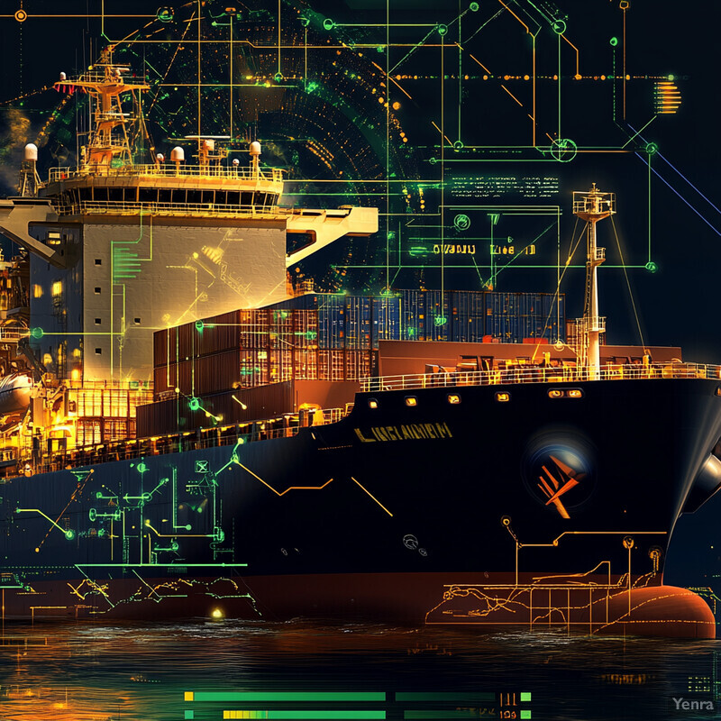 A large ship with an illuminated deck and cargo containers is set against a dark night-time backdrop featuring a digital representation of technical data.