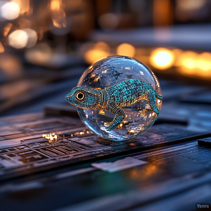 An abstract image of a small, iridescent creature enclosed in a glass orb on top of a metallic surface.