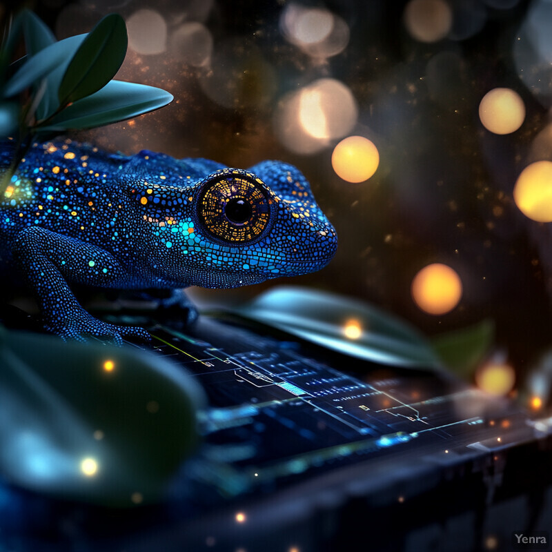 A serene and peaceful image of a blue lizard with yellow eyes and green scales, set against a backdrop of swirling clouds.