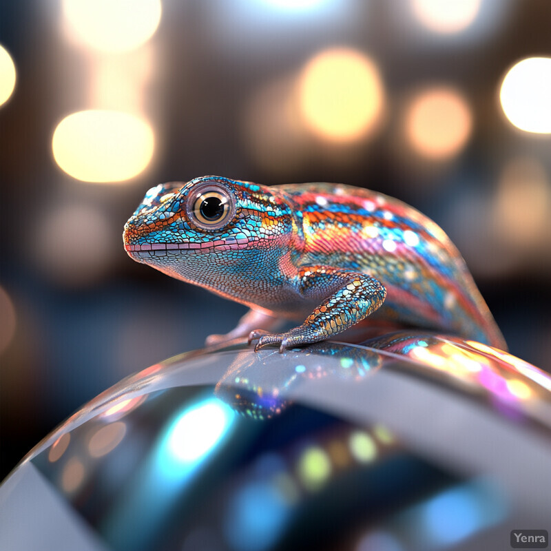 A multicolored chameleon perched on a glass-like object in a dark, shadowy area.