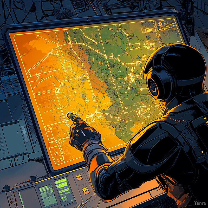 A person in futuristic attire examines a large screen displaying an orange and green map.