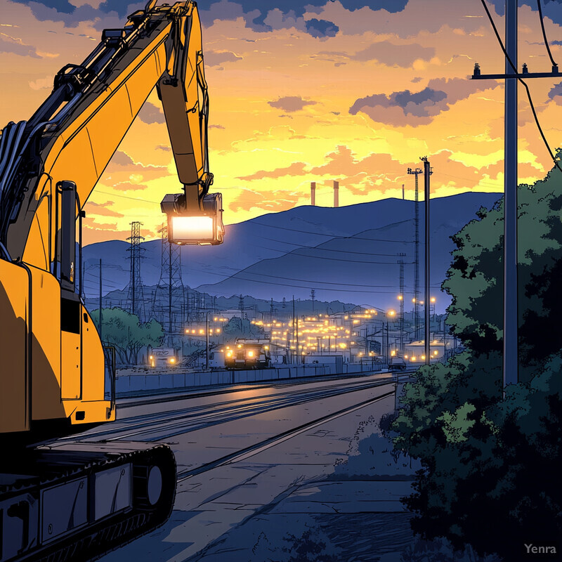 An excavator is parked on the side of a road at sunset, with power lines and mountains in the background.