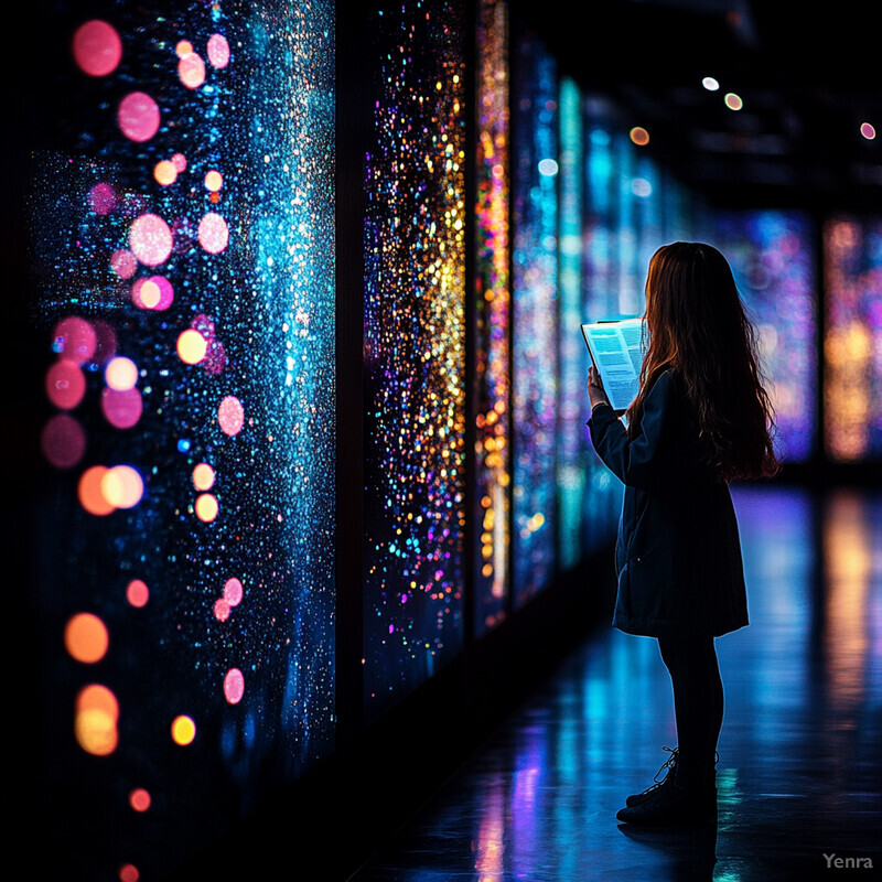 A young girl with long hair and a blue dress explores colorful lights on a wall in an indoor setting.