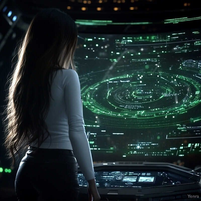 A woman stands in front of a large screen displaying a complex green graphic.