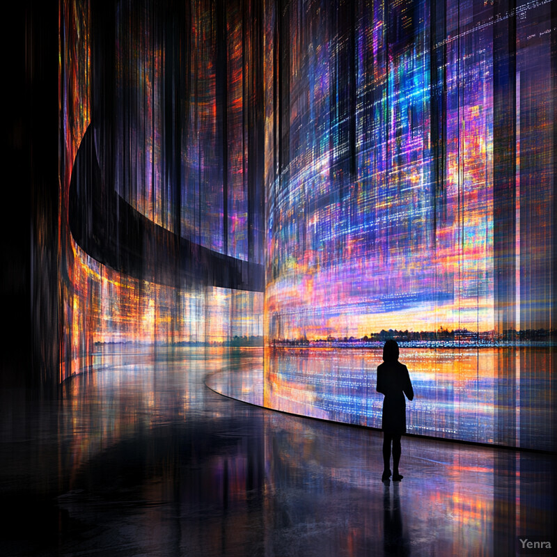 A woman stands in front of a large, curved screen displaying a vibrant digital artwork.