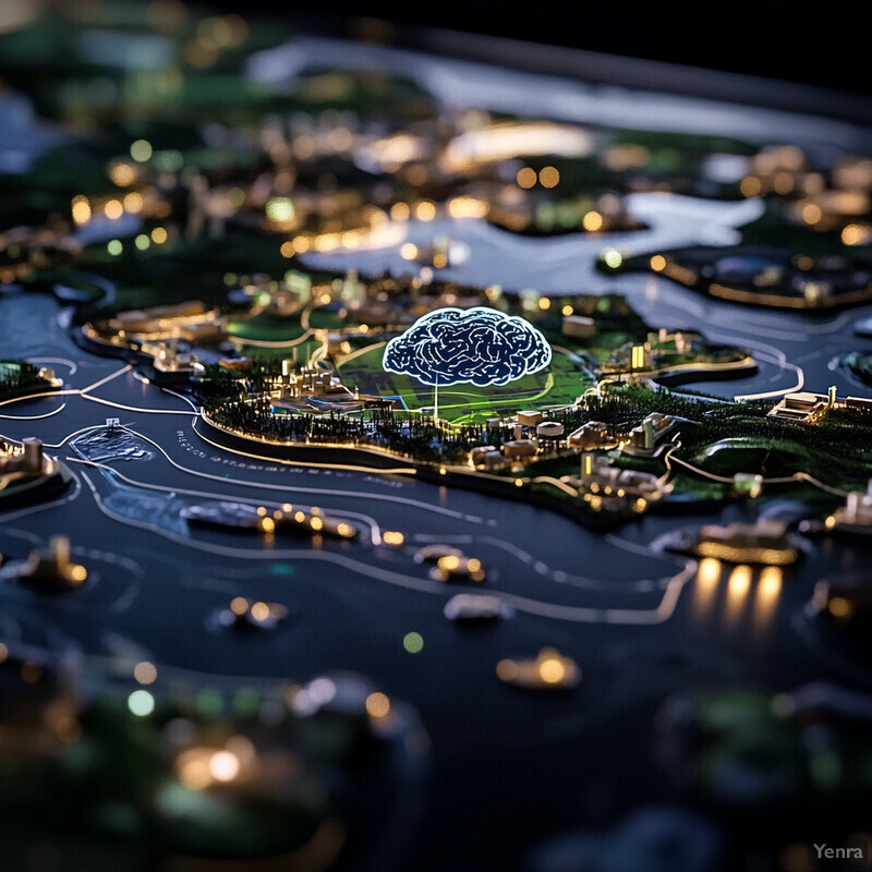 An aerial view of a city at night, with green spaces and illuminated buildings.