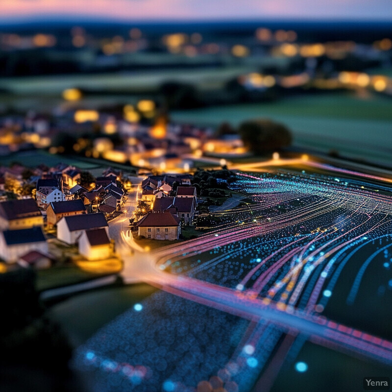 Aerial view of a small town at dusk, with illuminated streets and buildings.