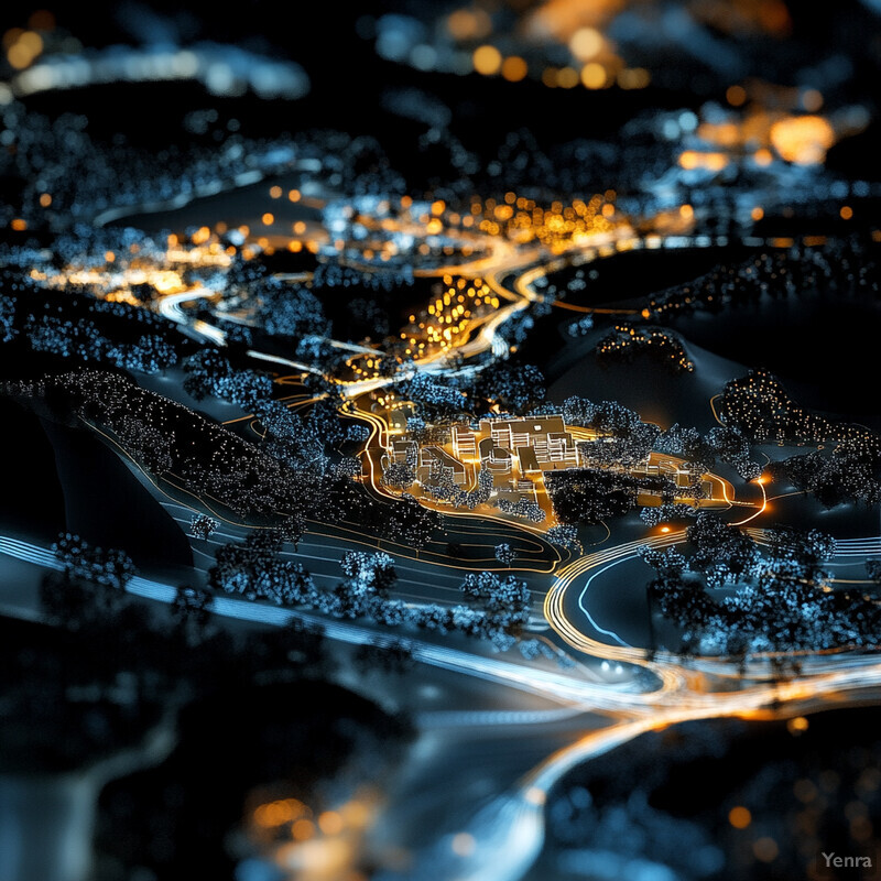 Aerial view of a city at night showing its layout and infrastructure.