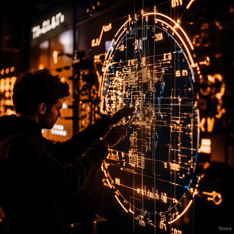 A man studies a complex graph or chart on a large screen in a dimly lit environment.