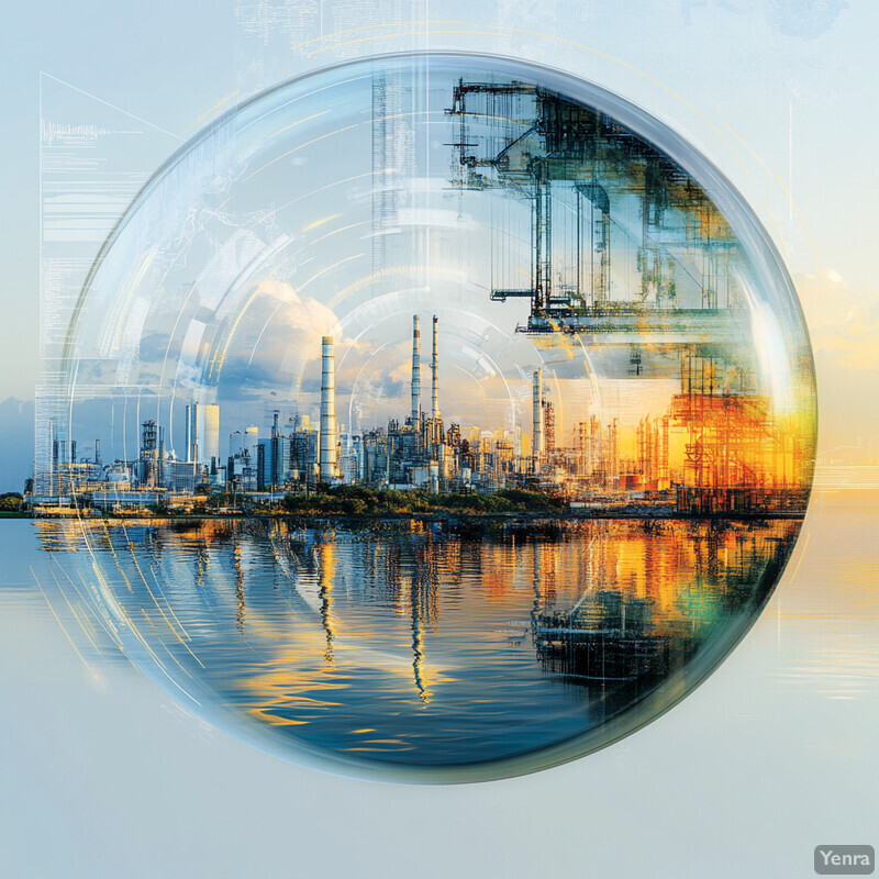 A futuristic cityscape within a transparent bubble or sphere, reflecting vibrant colors and advanced architecture.