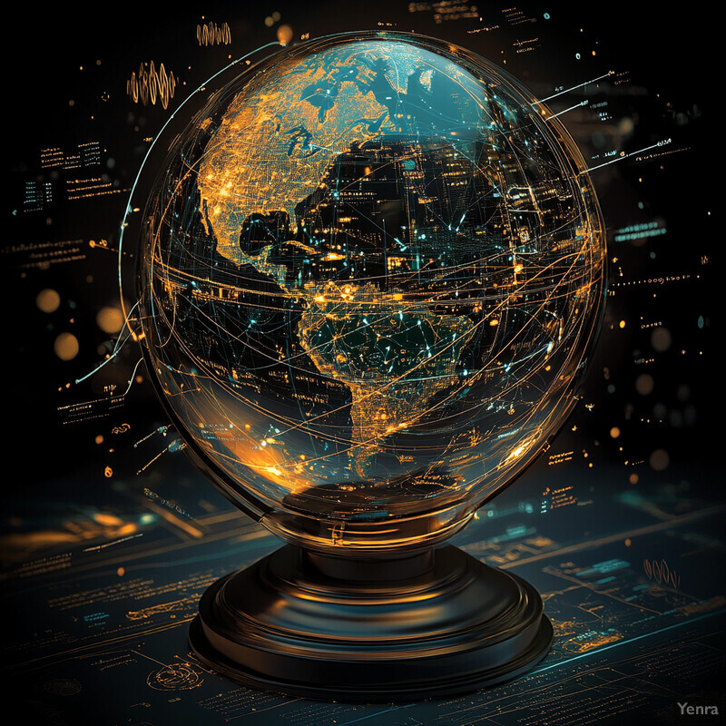 A gold-colored globe with dotted and solid lines and symbols superimposed upon it.