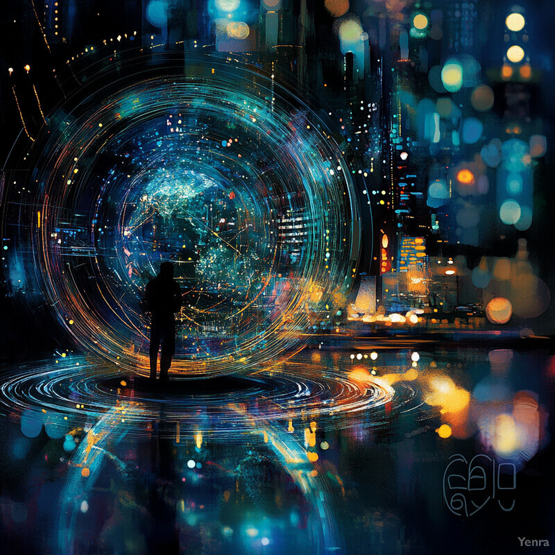 A futuristic scene with a glowing orb at its center, surrounded by scattered particles and a silhouette of a person in the foreground.