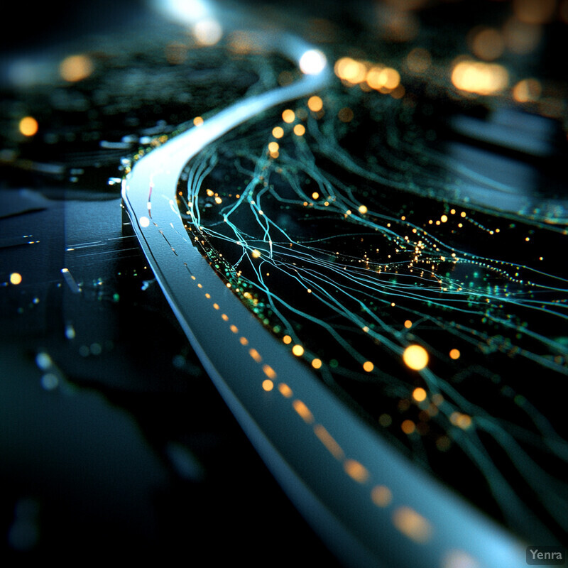 A futuristic cityscape at night, with a prominent highway cutting through the center of the frame.