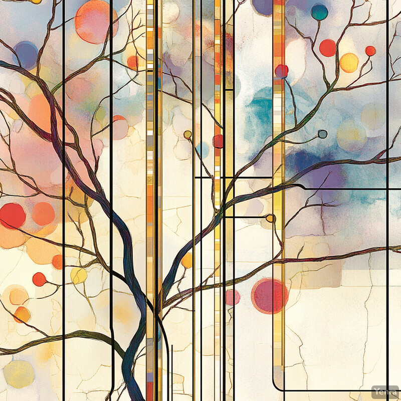 A tree with bare branches and vibrant red berries is depicted against a colorful abstract background.