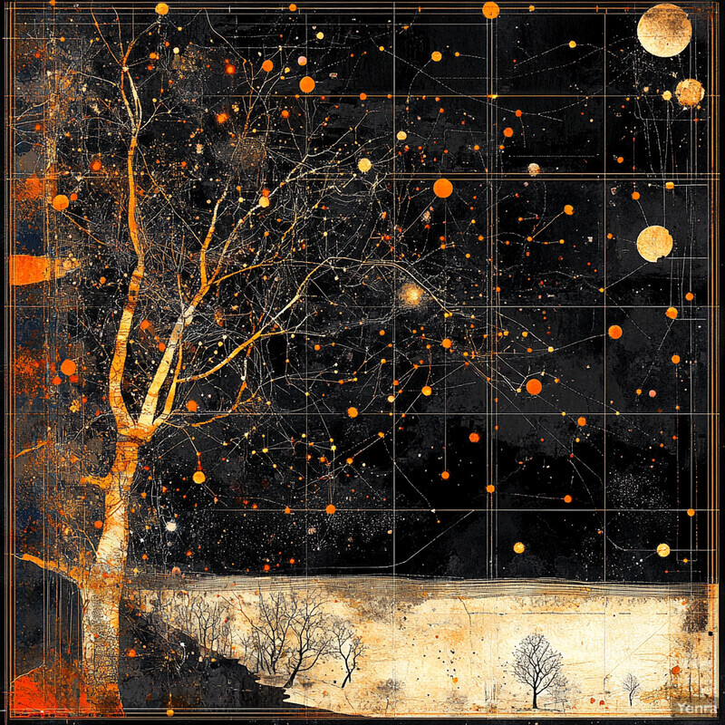 An abstract artwork featuring a tree with bare branches set against a black background, adorned with orange and white paint splatters.