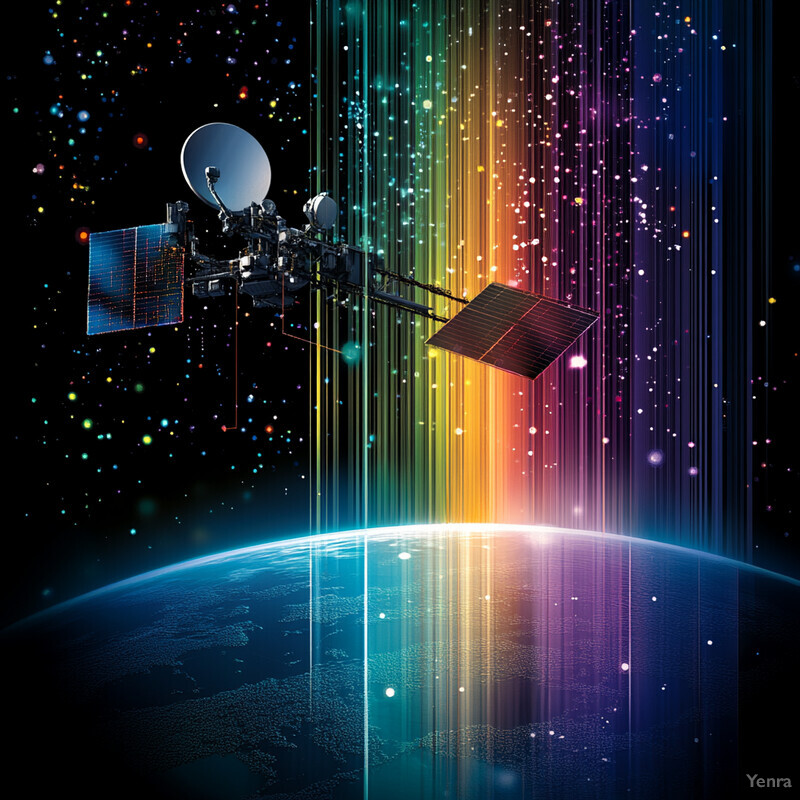 An artist's rendition of the Earth from space, featuring two satellites and a vibrant color scheme.