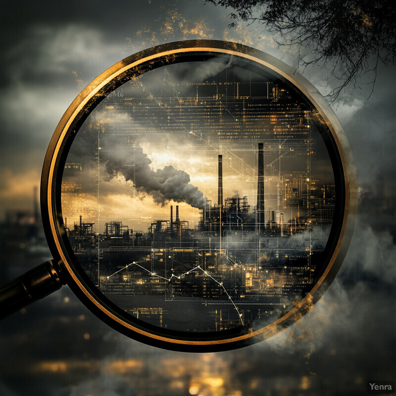 An industrial landscape viewed through a magnifying glass, highlighting the environmental impact of human activities.