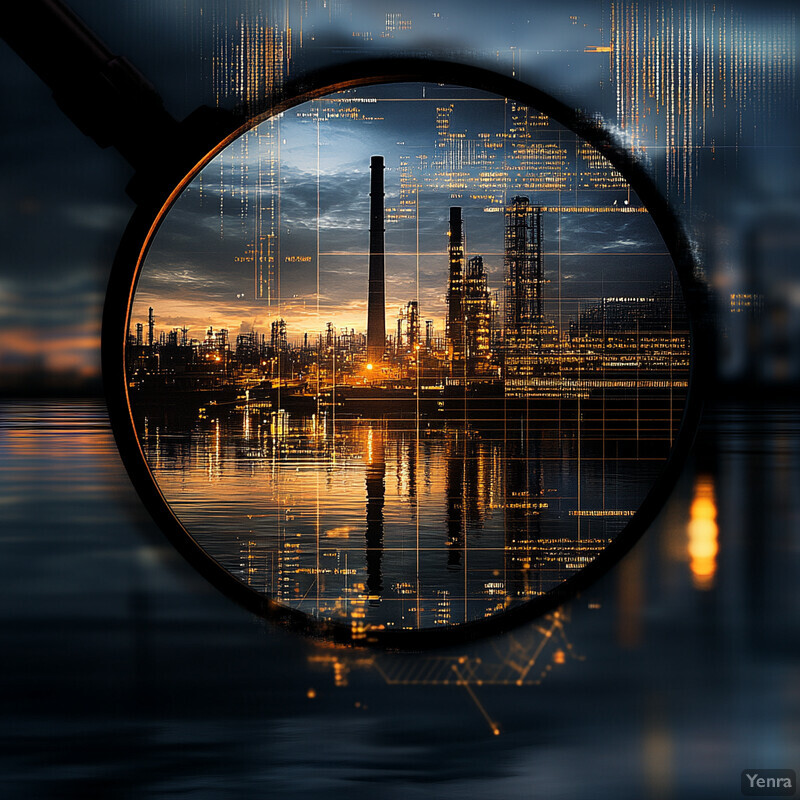 The image depicts an industrial plant situated on the bank of a body of water, possibly a river or lake, at dusk or dawn.