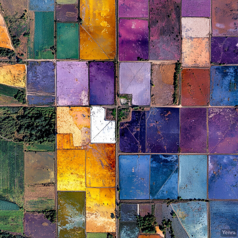 An aerial view of a diverse agricultural landscape with numerous fields and plots in various colors.