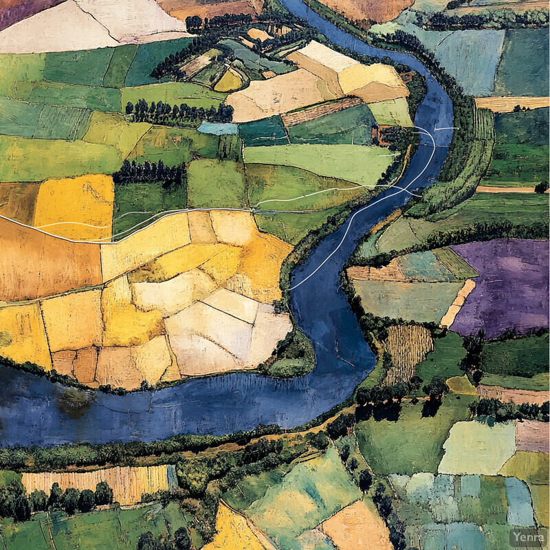 Aerial view of a diverse farmland with a winding river running through it.