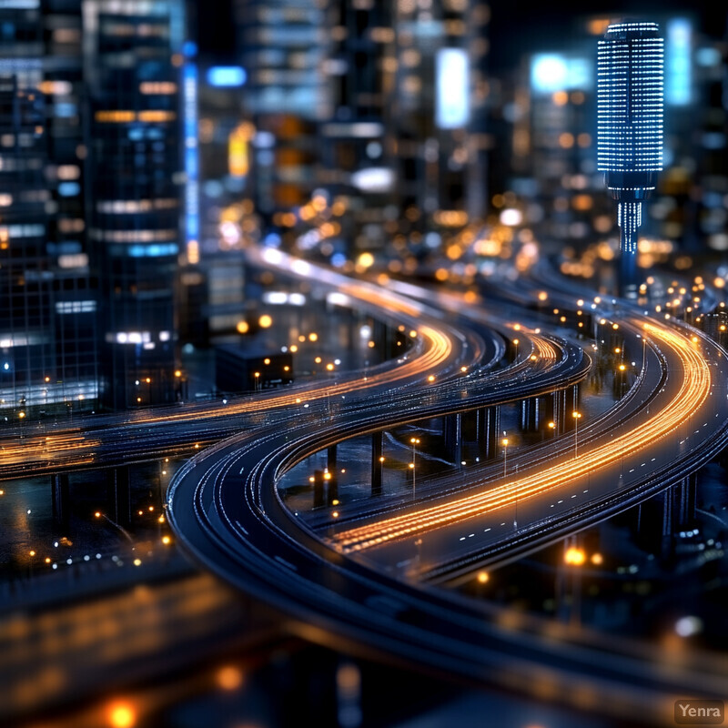 A nighttime cityscape showcasing the urban infrastructure and activity.