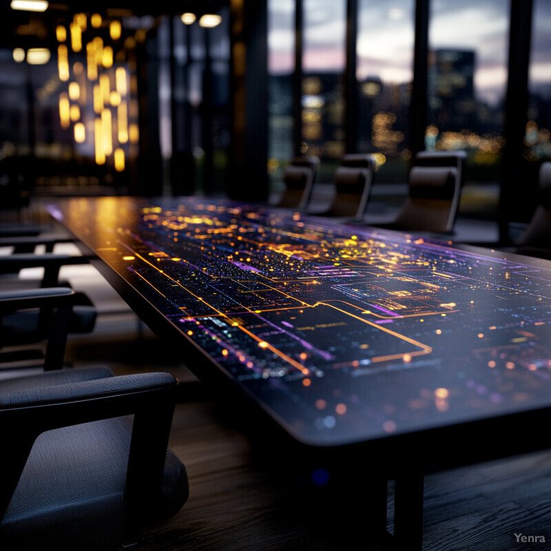 A futuristic conference table with a glowing circuit board pattern in an office setting.