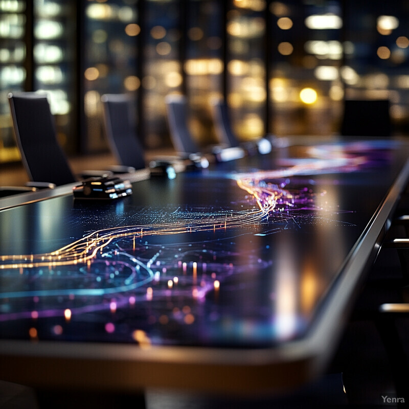 A large conference table with an illuminated surface, likely used for meetings or presentations.